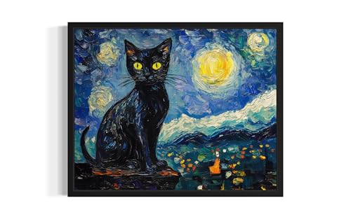 Poster chat noir Van Gogh Nuit étoilée pour une déco de salon unique