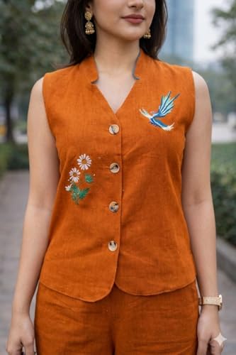 Image of Lyssa Yellow Ember Embroidered Co-Ord Set for Women, Sleeveless Vest with Wide-Leg Trousers