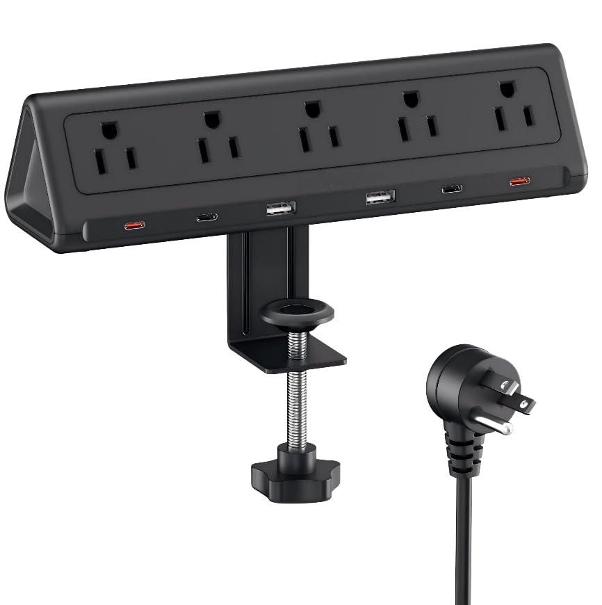 6.5 FT Desk Clamp Power Strip with 5 AC Outlets & 6 USB Ports PD 40W USB-C Fast Charging, 1250J Surge Protector, Fits 2.1 in top Edge Black