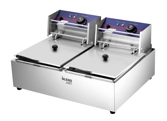 Blend Art Deep Fryer Machine Electric Double Tank 2500+2500 Watts Automatic Hot Oil immersion cooker Premium 12L Capacity Stainless Steel Body with Variable Temperature Control for (Model BA02 Silver)