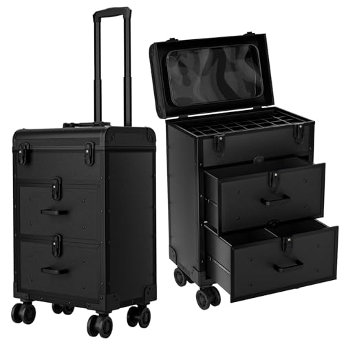 ALUROICE Estojo grande com rodinhas para maquiagem, estojo profissional de cosmetologia de viagem sobre rodas com gavetas, organizador de unhas de 3 camadas, estojo de armazenamento para tecnologia de