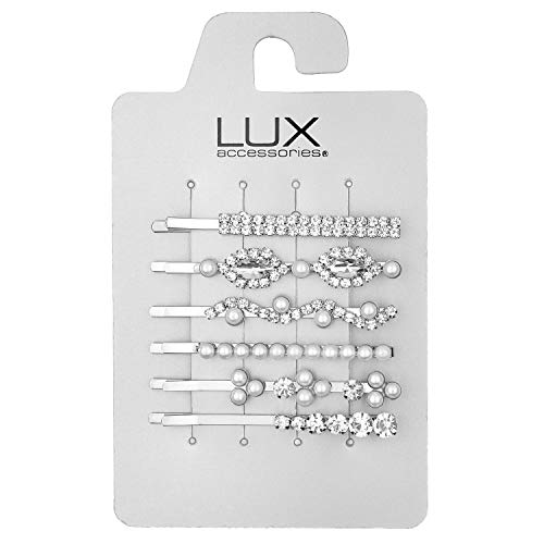 LUX ACCESSORIES Silver White Pearl Assorted Designs Bridal Hair Pins Set of 6