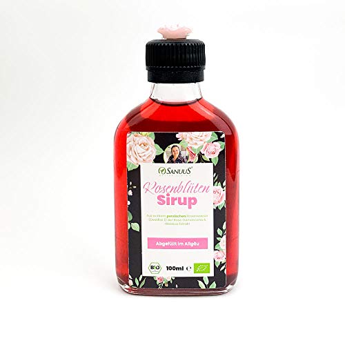 100ml Bio Rosenblütensirup der persischen Rose Damascena handgemacht aus echten Blüten & mit echtem Hibiskus Extrakt für Cocktails, zum backen, Dessert oder als Geschenk Cover
