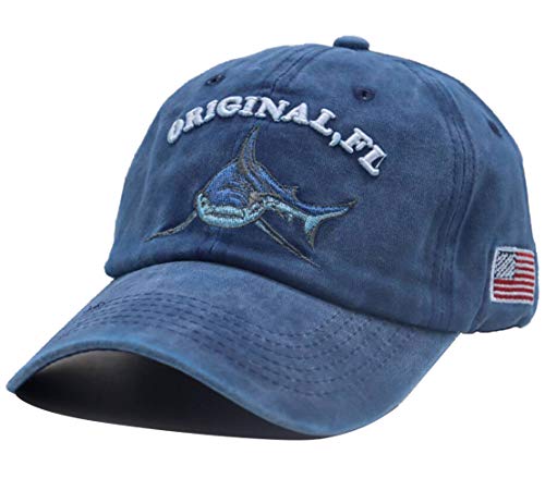 Men's Original Fl Shark Hat Embroidered Florida Vintage Washed Denim Distressed Adjustable Baseball Cap (Navy, One Size) #TOP1