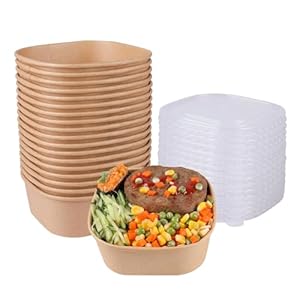 25OZ Disposable Kraft paper bowls with lids, Rectangle Food containers Soup Bowls Party Supplies Treat Bowls 50 PACK