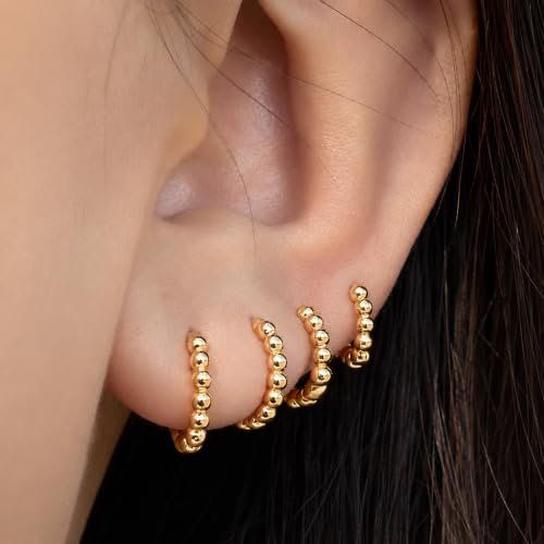 4 Pairs 5 6 7 8 mm Tiny Huggie Tragus Hoop Earrings Beaded 14K Gold Plated - image 6