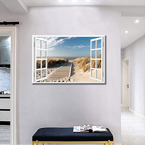 TISHIRON Wall Art Decor 3D Window Effect Boardwalk Sandy Beach View Canvas Pictures Artwork Framed Seaside Print Painting Home Decor for Home Living Room Wall Decor(16x24in) - Image 4