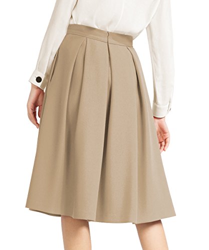 Yige Women's High Waist Flared Skirt Pleated Midi Skirt with Pocket3