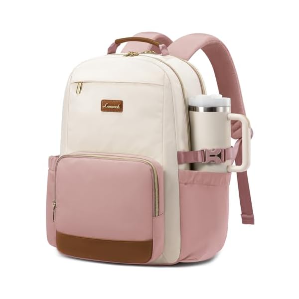 LOVEVOOK Laptop Backpack for Women with Pouch Pocket for Large Capacity Cup,15.6 Inch Teacher Nurse College Work Backpack Purse,Waterproof Laptop Bag Computer Back Pack for Travel, Beige-Pink-Brown