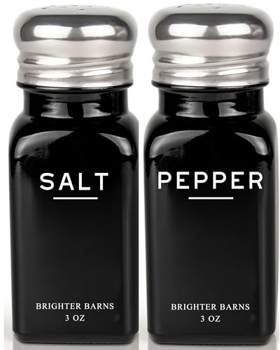 Image of Black Salt and Pepper Shakers Set by Brighter Barns - Modern Glass Salt Shaker with Stainless Steel Lids - Neutral Kitchen Decor and Accessories for Minimalist Home, Restaurant, Dining Room (Black)