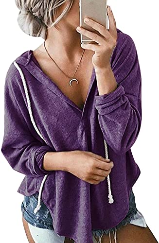 Image of Womens Long Sleeve V Neck Hoodie Sweatshirts Lightweight Pullover Tops