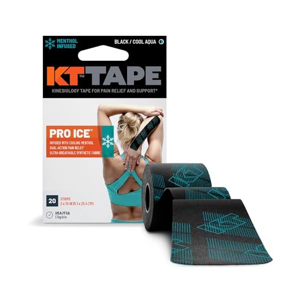 KT Tape, Pro Ice, Menthol Infused Kinesiology Tape, 20 Count, 10" Precut Strips, Black