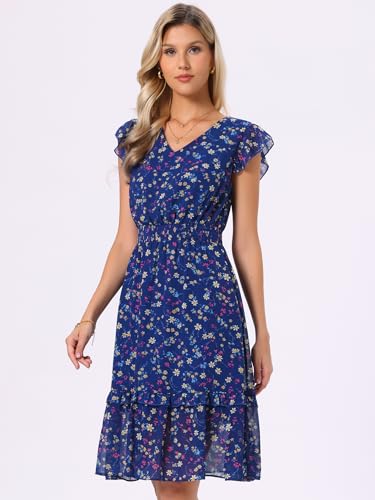 Image of Allegra K Women's Floral Dress Spring Summer V Neck Flutter Sleeve Ruffle Casual Smocked Knee Length Dresses
