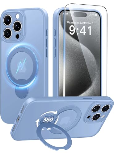 Image of FNTCASE for iPhone 15 Pro-Max Case: [360 Spin Magnetic Stand] [Compatible with Magsafe] [Screen Protector] Translucent Matte Military Grade Shockproof Full Camera Protective Phone Cover - Light Blue