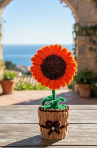 Image of Handmade Artificial Flower Pot for Home Decor | Cute Fuzzy Wire Pipe Cleaner Flower Plant | Aesthetic Tabletop Decorative Pot for Home, Office & Gifting (Soft Bloom :- Orange)