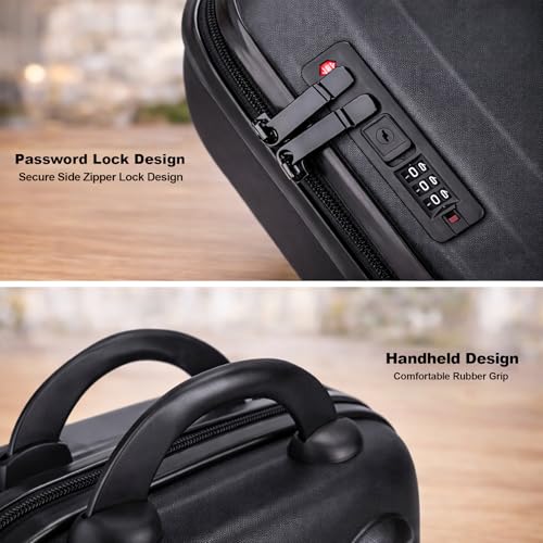 Image of Wishkey Travel Makeup Cosmetic Organizer Hard Shell Case with Password Lock & Trolley Strap, Portable Vanity Box Suitcase for Women & Girls Multipurpose Makeup Storage Bag (31x24x14cm) Black