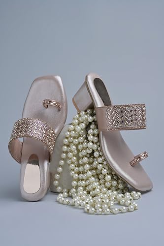 Image of JM LOOKS Women's Embellished Ethnic Heels Sandal with Toe Ring Design Comfortable Lightweight Heels for: Weddings, festive occasions.