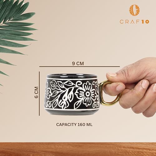 Image of CRAF10 Ceramic Handpainted with Brush Black Desire Gold Tea Morning Set - 1 Kettle (1 Litre) & 6 Cups (160 ML) | Dishwasher Safe | Teapot | Tea Sets with Kettle for Gifting