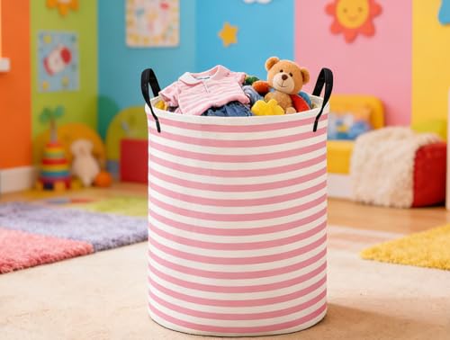 Image of ESSME Kids Laundry Basket,Pink Hamper Collapsible Canvas Waterproof Storage Bin for Girls, Cute Hamper,Gift Baskets(Pink stripes)