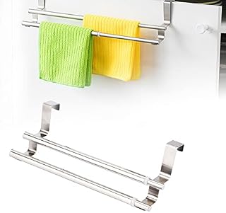Over the Door Towel Rail,Double Layers Stainless Steel Telescopic Towel Holder for Cupboard Drawer Cabinet Rack Hanger Organizer Bathroom Kitchen