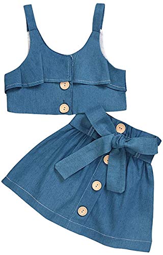 Toddler Baby Girl Skirts Outfits Halter Crop Top + Ruffled Button Denim Shorts Skirts Two Piece Summer Clothes Set (5-6 Years,Straped Denim)