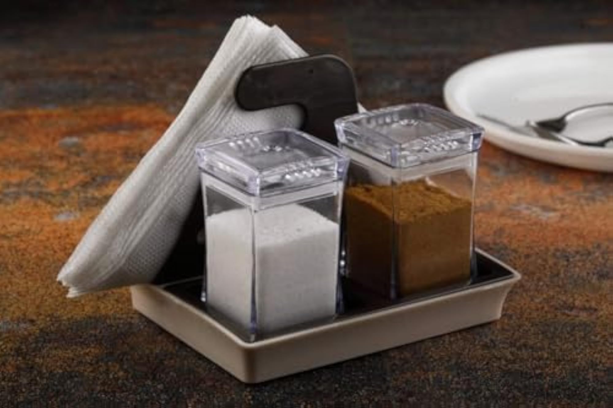 Plastic Salt & Pepper Shaker Set with Napkin Holder