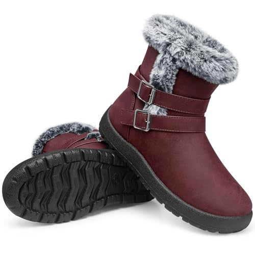 TEMOFON Women Winter Boots Waterproof: Fur Lined Ankle Warm Booties - Snow Boots Wide Width - Red Non Slip Winter Shoes Size 8