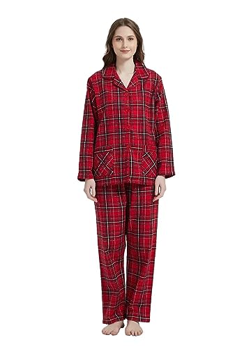 GLOBAL Schlafanzüge Damen Flanell | Baumwolle Damen Pyjama Set | Zweiteiliger Nachtwäsche Damen Pjs Set Lang | Knopfleiste vorne und Kordelzug |...