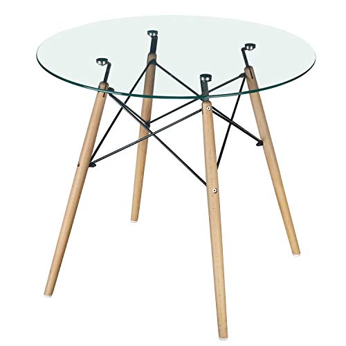 GreenForest Dining Table Modern Round Glass Clear Table for Kitchen Dining Room Coffee Table with Wood Legs