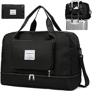 YUXES Foldable Travel Bags for Women, Gym Bag with Shoe Compartment and Shoulder Strap, Large Capacity Folding Duffel Trolley Sleeve, Waterproof Holdall Tote Weekend Overnight Hospital(Black)