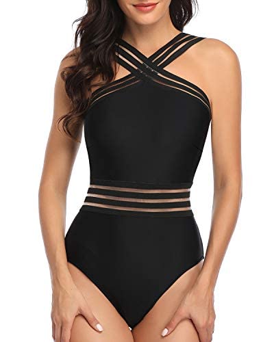 AudMsier Femme Noir Maillot de Bain Une Pièce Ventre Maille Maillot de Bain Front Cross Maillot de Bain pour Plage Vacances Voyage Natation Cover