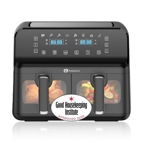 PureMate 9L Dual Air Fryer with Digital Display, Healthy Oil Free 2500W Air Fryer with 8 Preset, LED One Touch Screen, Timer & Adjustable Temperature Control (9L(4.5L+4.5L) Dual Basket)