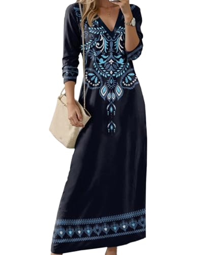 ABINGOO Vestido Largos Mujer de Manga Larga Cuello en V Bohemio Maxi Vestidos de Playa Estampado Floral Vestido Informal con Bolsillos(Z-Azul,L)