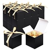 EUSOAR Candy Boxes Party Favors, 30pcs 3x3x3 Inches Black Gift Boxes Mini Bakery Cookies Box with Gold Ribbon, Square Paper Chocolate Containers for Wedding Birthday Bridal Party Favor Decoration