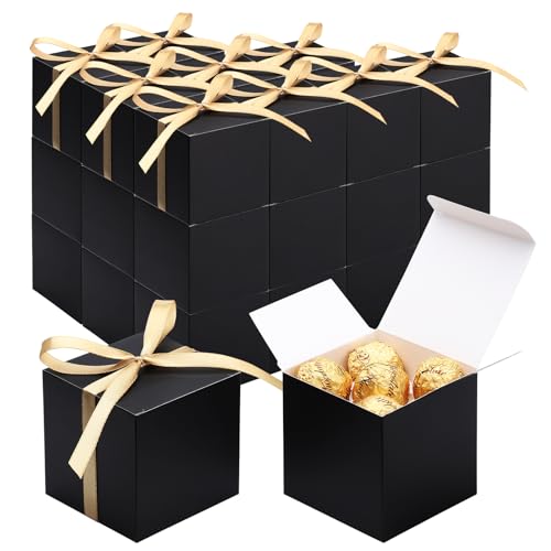 EUSOAR Candy Boxes Party Favors, 30pcs 3x3x3 Inches Black Gift Boxes Mini Bakery Cookies Box with Gold Ribbon, Square Paper Chocolate Containers for Wedding Birthday Bridal Party Favor Decoration