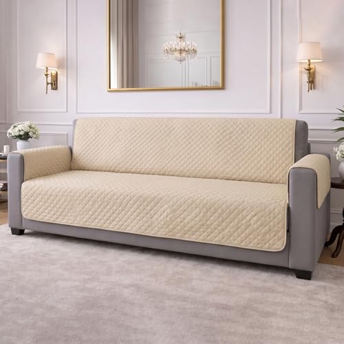 Image of STITCHNEST 'Airsoft Range Series' Solid Quilted Velvet Sofa Cover for 3 Seater | Premium Soft Velvet Sofa Protector | Beige Diamond Quilted Design with Armrest Pockets | Furniture Cover