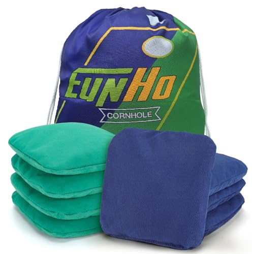 EunHo Regulation Cornhole Bags Set of 8 - Dual Sided Slick and Stick Bean Bags for Outdoor Lawn Games, Weather Resistant Tailgating Heavy-Duty Toss Game with Tote Bag (Blue/Green)