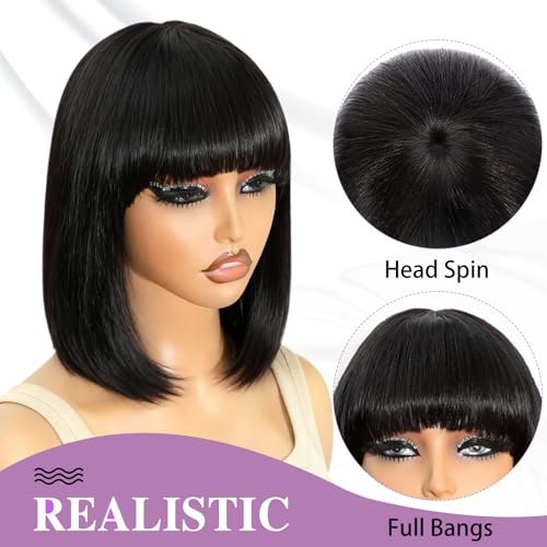 Image of ZHENGON Bob Wig with Bangs Human Hair Wig Silky Straight Glueless Wigs Human Hair Ready to Wear and Go for Beginners 14Inch