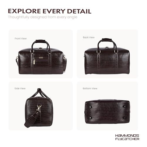 Image of Hammonds Flycatcher PU Leather Duffle Bag for Men and Women Premium Textured Travel Bag Large Weekender Overnight Gym Bag with Adjustable Shoulder Strap Brown
