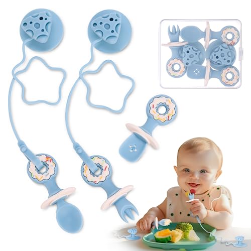 Image of 3 Pack Baby Utensils, Baby Led Weaning Spoons, Suction Silicone Baby Spoon and Fork, Baby Self-Feeding Utensils Anti-Dropping Baby Training Spoons for 6 Months with Travel Case, Blue