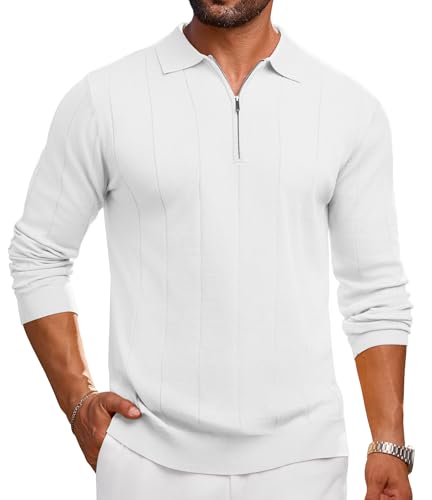 Mens Knit Polo Shirts Long Sleeve Quarter Zip Polo Casual Fashion Slim Fit Golf Shirts