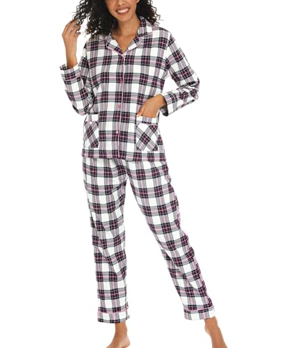 ENJOYNIGHT Schlafanzug Damen Lang Baumwolle Flanell Pyjama Set Zweiteiliger Nachtwäsche Langarm Knopfleiste Lounge Set (Medium,Kariert)