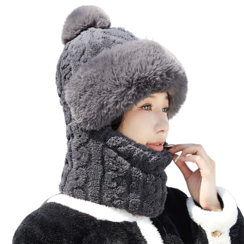 ECYC Women Winter Warm Balaclava, Plush Windproof Pompom Balaclava Fuzzy Neck Warmer Ski Mask Hooded Scarf for Women