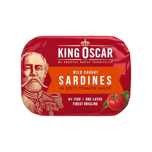 Image of King Oscar Premium Sardines in Zesty Tomato Sauce, 3.75 Ounce Cans (Pack of 12), Wild Caught Canned Sardines