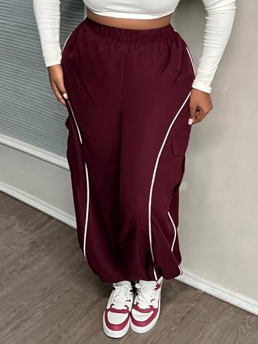 OYOANGLE Women's Plus Size Contrast Binding Cargo Pants Elastic Waist Wide Leg Baggy Parachute Trousers4