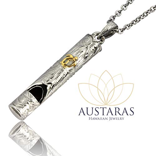 Austaras Hawaiian Turtle Bar Necklace - 925 Sterling Silver Plated Stainless Steel Whistle Pendant #TOP1