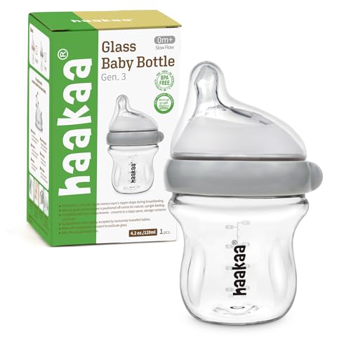 Image of haakaa Gen.3 Natural Glass Baby Bottle 4.2oz/120ml - Wide Neck Anti-Colic Slow Flow Nipple for 0M+ Breastfed Baby, Newborn Registry Essentials,BPA-Free - 1 PK