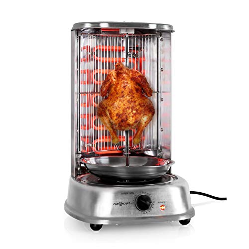 OneConcept Vertical Grill - Fat-Free Rotisserie, Kebab Machine, 1800W, 360° All-Round Grilling, Cool-Touch Handle, LED, Silver