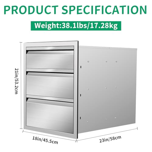 Image of Outdoor Kitchen Drawers 18 inch W x 21 inch H x 23 inch D Stainless Steel Triple Drawers with Hidden Handle for BBQ Island, Patio Grill Station & Outdoor Kitchen Cabinets
