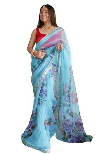 Photo de FASHION BAZAR 365 Sari 11140 pour femme en tissu soyeux imprimé numériquement avec travail à la main, bleu, taille unqiue